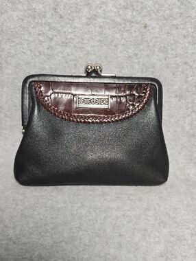 Brighton Vintage Black Leather Kiss-Lock Wallet with Brown Croc Trim